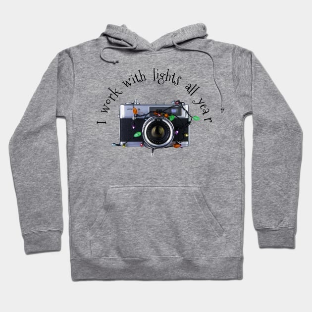 Christmas Lights Vintage Camera - Work With Lights - Black Text Hoodie by DecPhoto